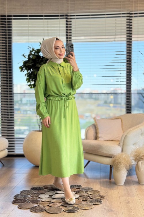 33517 Taş Detaylı Etekli Takım Yeşil