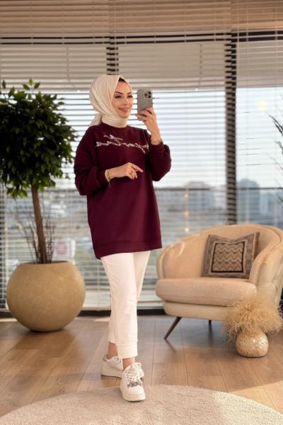 33528 Taşlı Yazılı Sweat Bordo