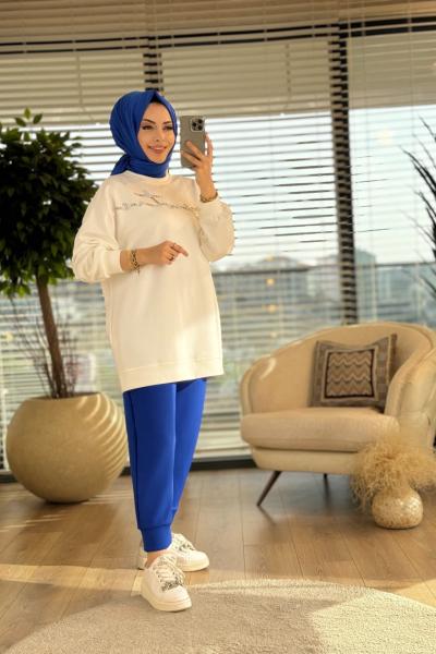 33528 Taşlı Yazılı Sweat Ekru