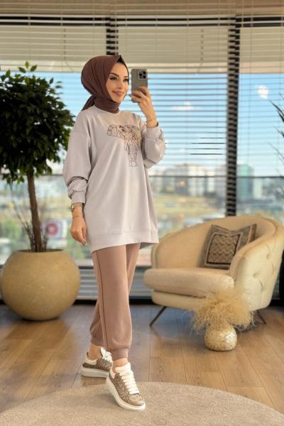 33550 Fil Nakışlı Sweat Açık Gri