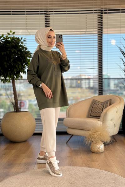 33550 Fil Nakışlı Sweat Haki