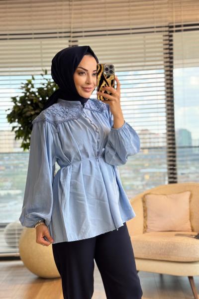 3356 Omzu Nakış Detaylı Gömlek Bebe Mavi
