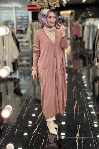 3365 Düğmeli Cebli Uzun Hırka Gül