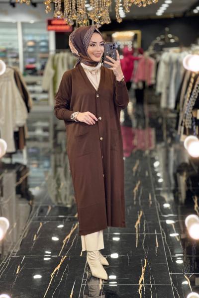 3365 Düğmeli Cebli Uzun Hırka Kahve