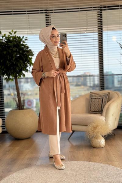 33653 Ribana Kumaş Kemerli Uzun Hırka Camel