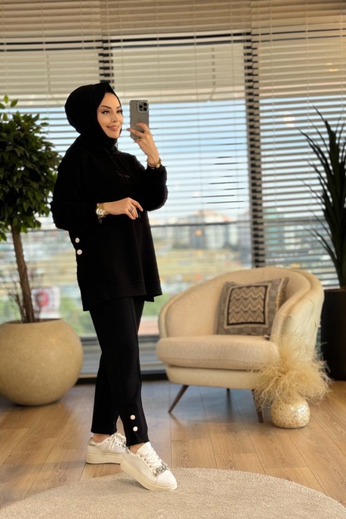 33673 Düğme Detaylı Baskılı Kapş.Takım Siyah