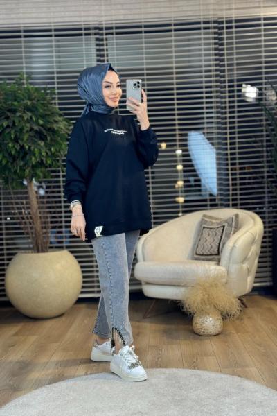 33679 Rubber Baskılı Ve Etiketli Sweat Siyah