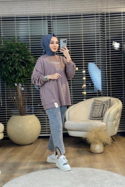 33679 Rubber Baskılı Ve Etiketli Sweat Koyu Vizon