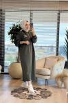 33744 Baskılı Kapşonlu Cepli Elbise Haki