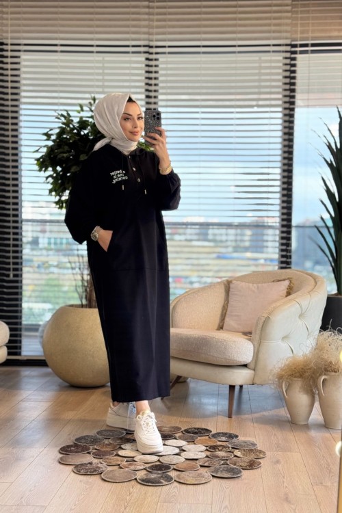 33744 Baskılı Kapşonlu Cepli Elbise Siyah