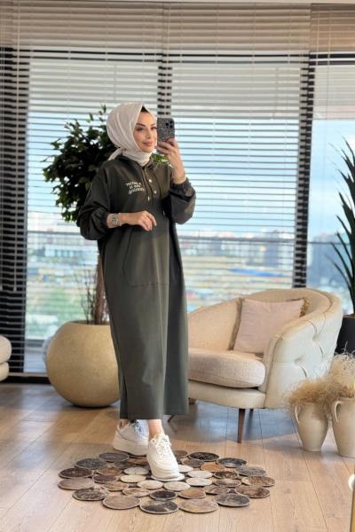33744 Baskılı Kapşonlu Cepli Elbise Haki