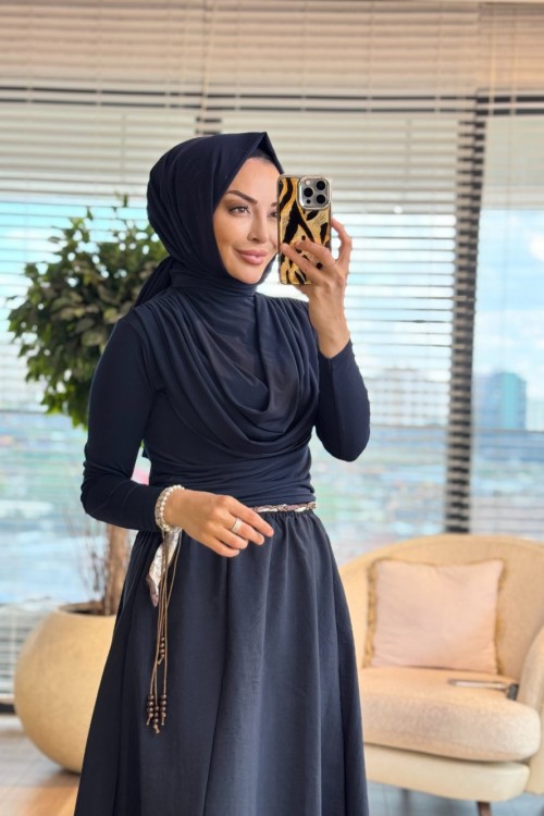 3375 Kemeri Detaylı Etek Lacivert
