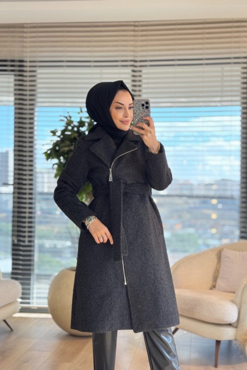 33752 Fermuarlı Melanjlı Kaşe Kaban Siyah