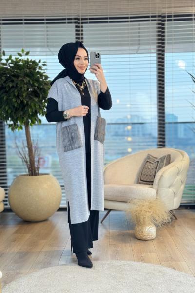 3382 Cebi Kürklü Triko Yelek Gri