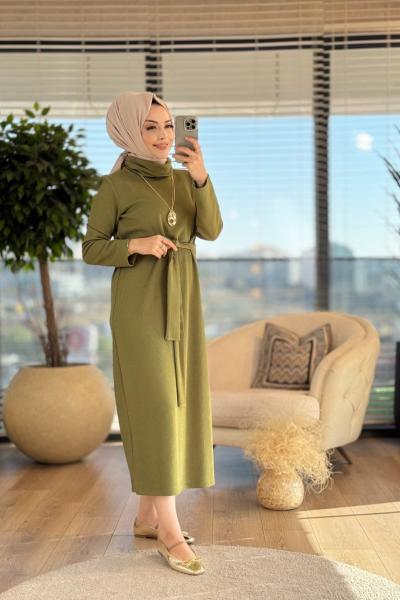 33835 Simli Kendinden Kemerli Elbise Haki