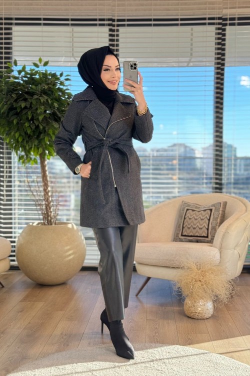 33875 Balıksırtı Kaşe Yandan Fermuarlı Kaban Siyah