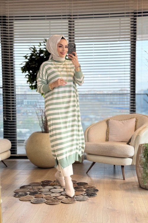 3389 Enine Kalın Çizgili Uzun Triko Tunik Çağla