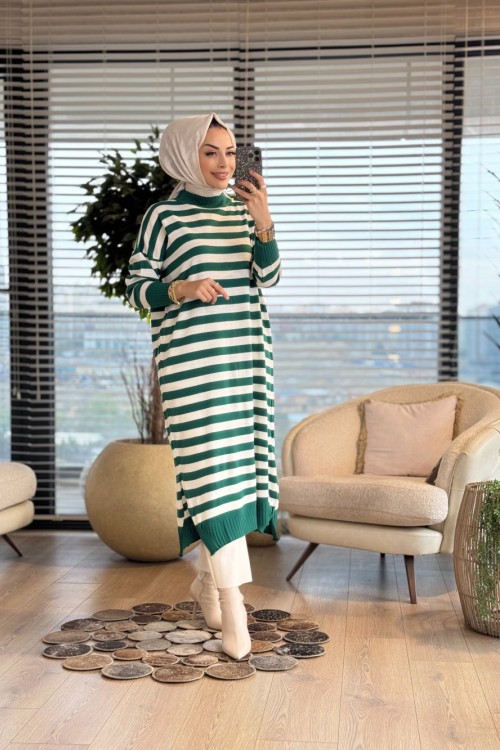 3389 Enine Kalın Çizgili Uzun Triko Tunik Benetton