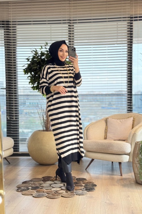 3389 Enine Kalın Çizgili Uzun Triko Tunik Siyah Bej