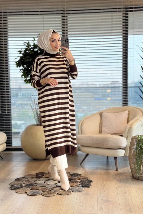 3389 Enine Kalın Çizgili Uzun Triko Tunik Kahve Bej