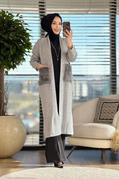 3394 Cebi Kürklü Uzun Hırka Gri