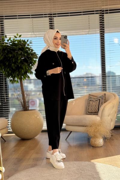 33943 Cep Detaylı Bomber Takım Siyah