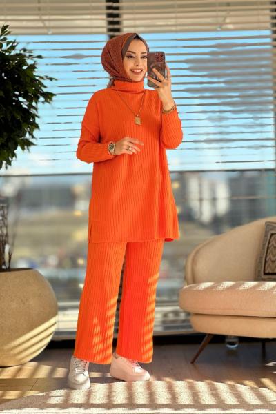 3398 Kolu Düğmeli Triko Pantolonlu Takım Oranj