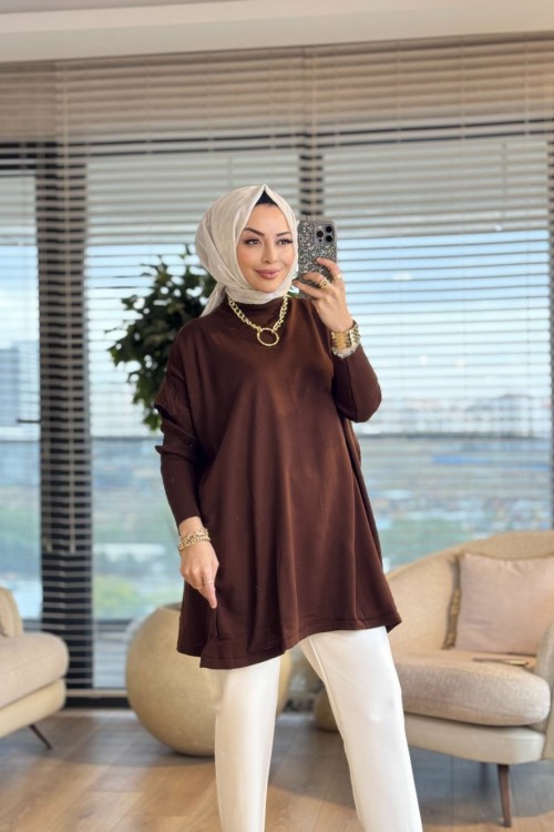 3399 Yarasa Kol Triko Tunik Kahve