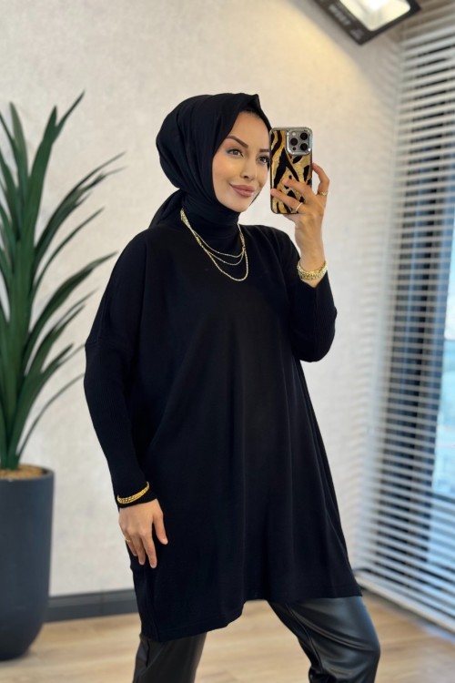 3399 Yarasa Triko Tunik Siyah