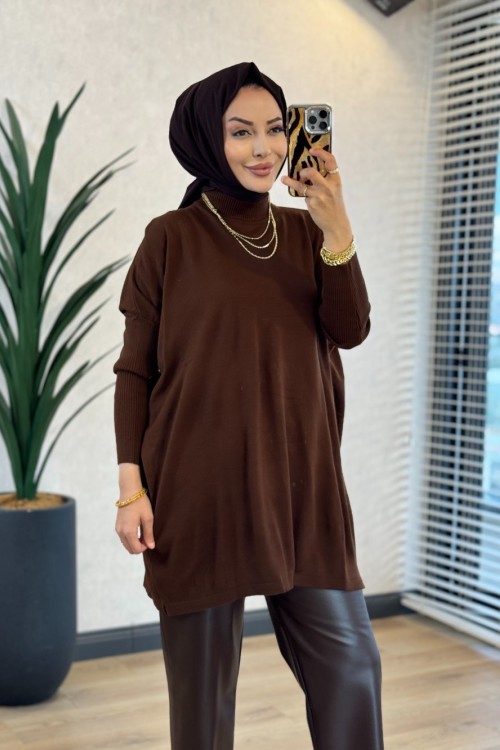 3399 Yarasa Triko Tunik Kahve