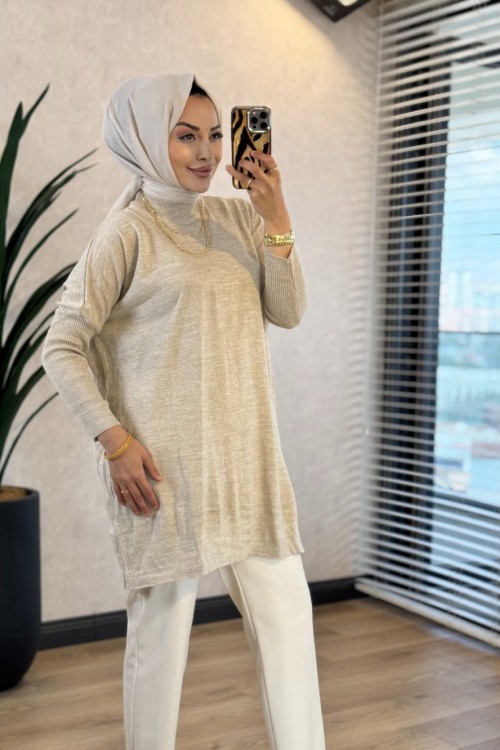 3399 Yarasa Triko Tunik Bej