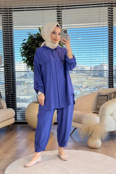 34040 Gofre Paça Manşet Apolet Detaylı Takım Mor