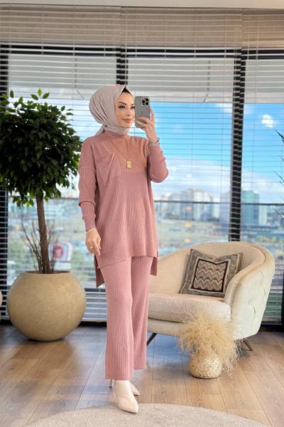 3406 Fitilli Triko Pantolon Takım Gül