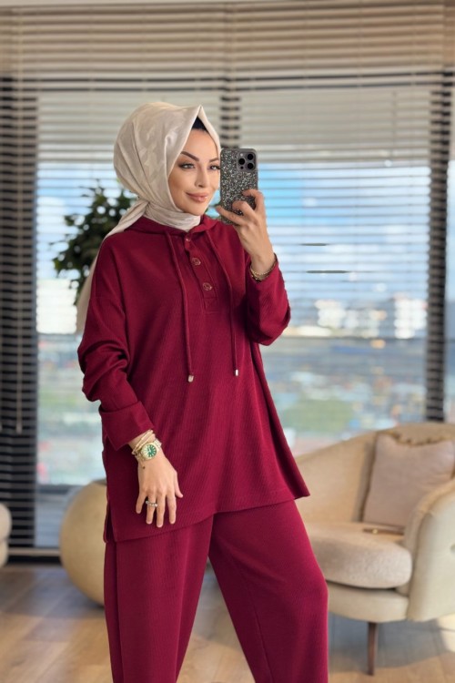 34068 Ribana Kumaş Kapşonlu Takım Bordo