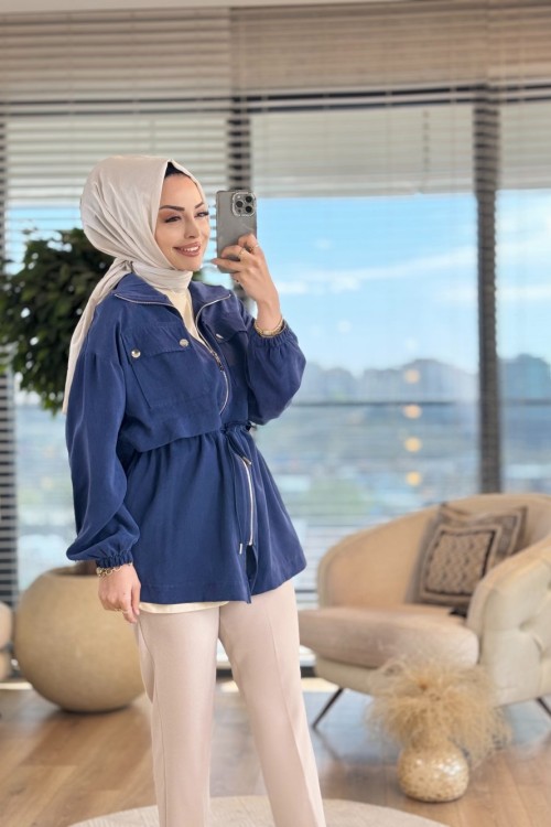 34082 Fermuarlı Dik Yaka Kap Lacivert