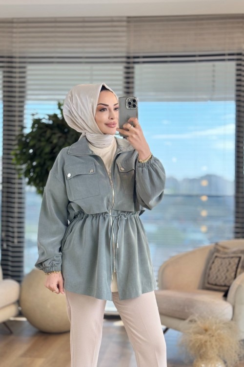 34082 Fermuarlı Dik Yaka Kap Haki