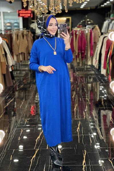 3409 Etek Ucu Lastik Örgü Triko Elbise Saks