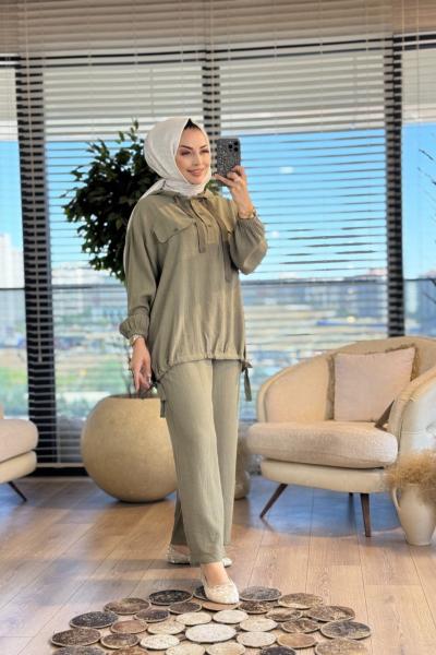 34099 Gofre Kapşonlu Patı Düğmeli Takım Haki