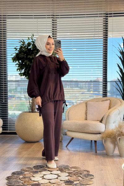 34099 Gofre Kapşonlu Patı Düğmeli Takım Koyu Kahve