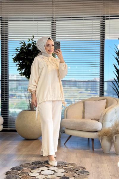 34099 Gofre Kapşonlu Patı Düğmeli Takım Bej