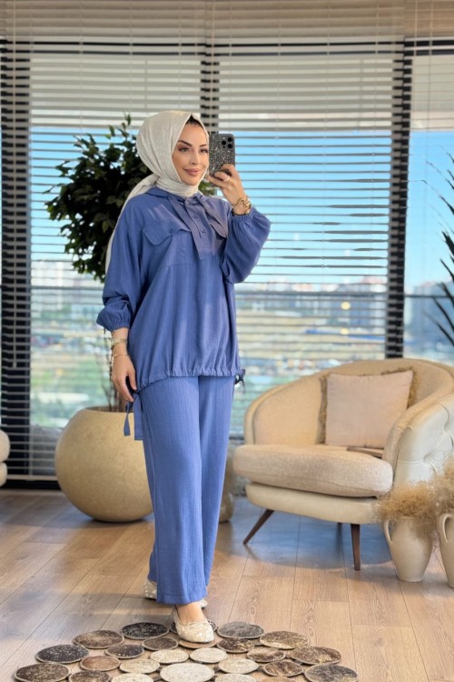 34099 Gofre Kapşonlu Patı Düğmeli Takım İndigo