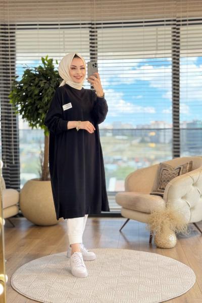 34124 Etiket Ve Kesik Detaylı Uzun Tunik Siyah