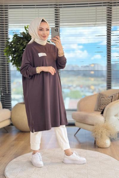 34124 Etiket Ve Kesik Detaylı Uzun Tunik Kahve