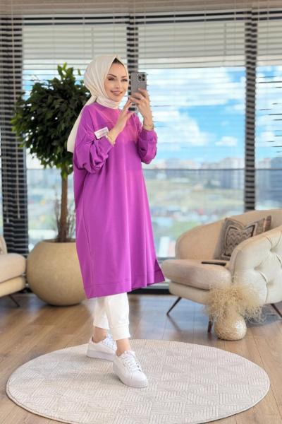 34124 Etiket Ve Kesik Detaylı Uzun Tunik Leylak