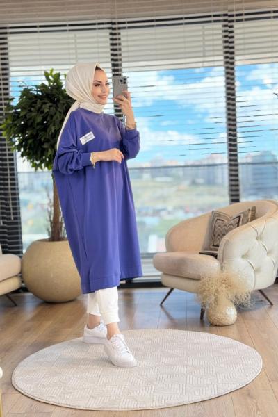 34124 Etiket Ve Kesik Detaylı Uzun Tunik Koyu İndigo