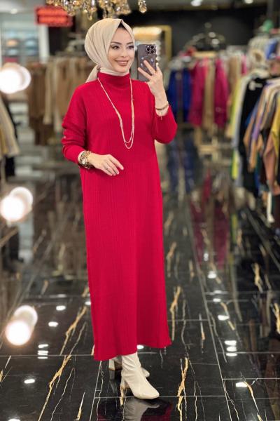 3415 Fitilli Triko Elbise Kırmızı