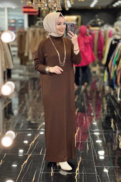 3415 Fitilli Triko Elbise Kahve