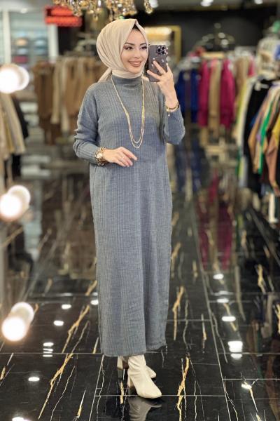 3415 Fitilli Triko Elbise Antrasit