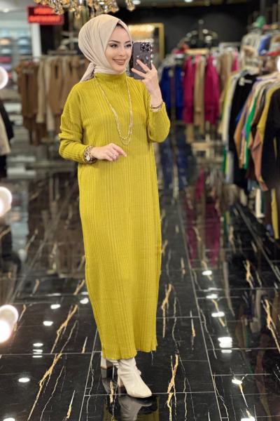 3415 Fitilli Triko Elbise Yağ Yeşili