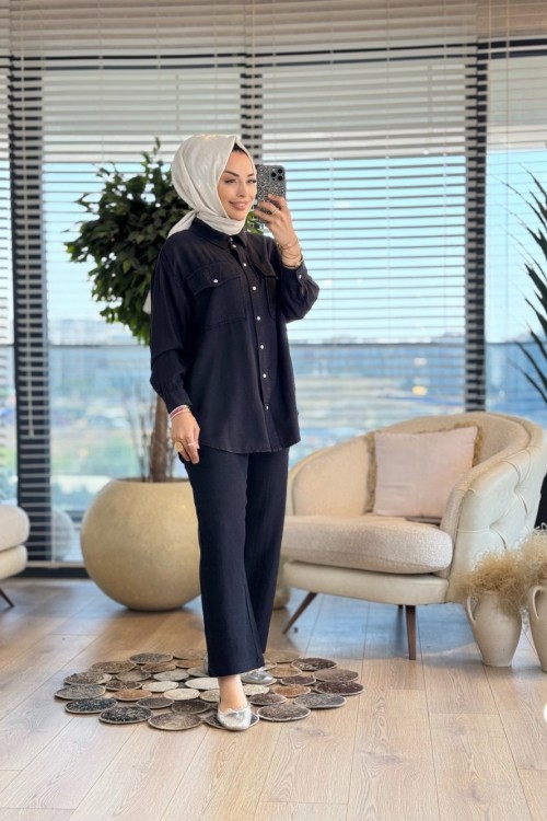 34177 Tencel Oversize Gömlek Siyah
